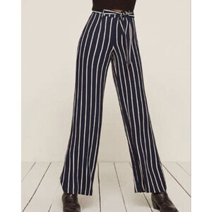 Reformation Belmont Size 8 Wide Leg Black White Striped Pants Belted Lightweight